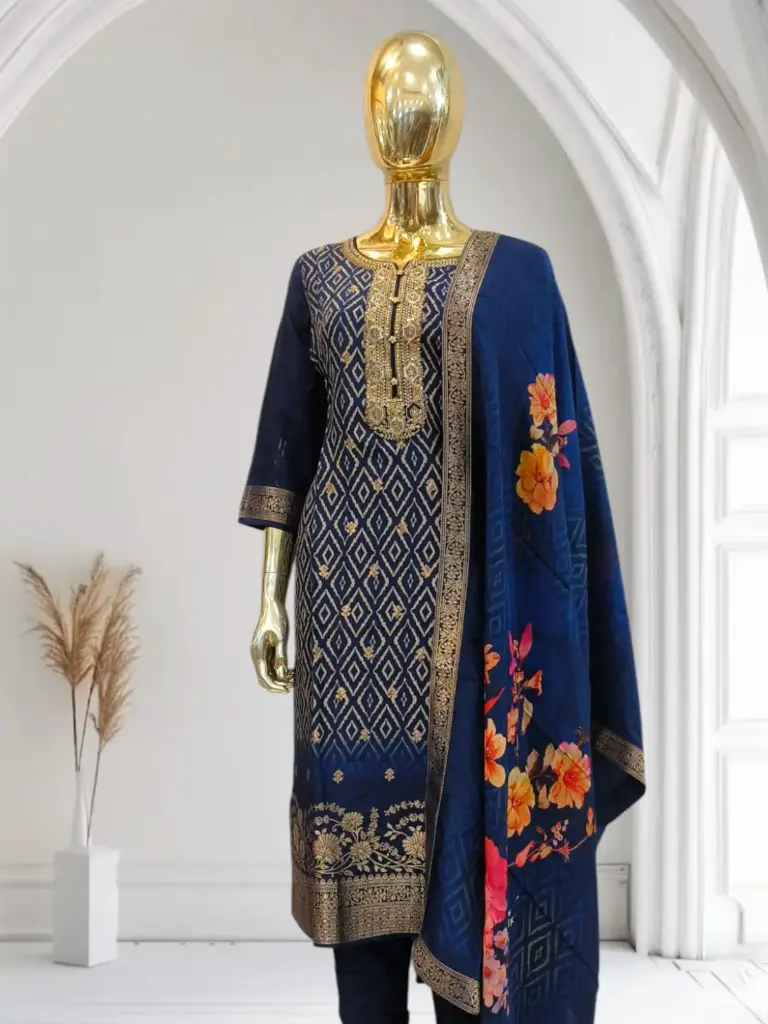 Premium Embroidery kurta set in dark blue.