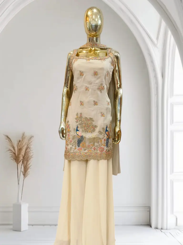 Bliss Flair white Chanderi Jacqurad Embroidered dress 