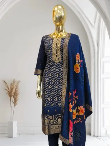 Premium Embroidery kurta set in dark blue.