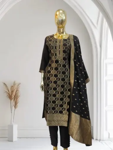 Black Banarasi jacquard kurta with dupatta.