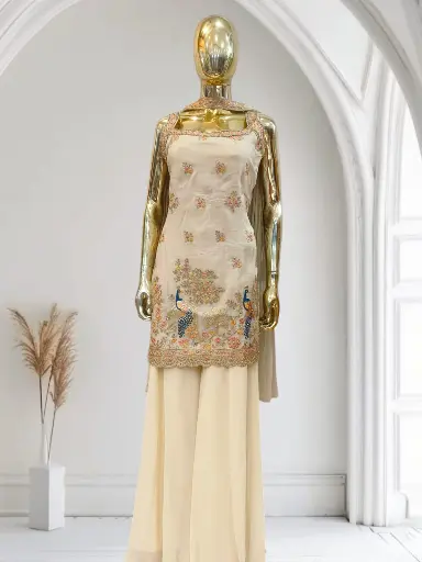 Bliss Flair white Chanderi Jacqurad Embroidered dress 